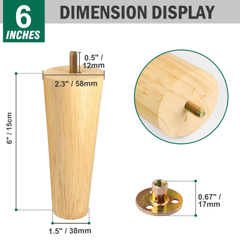 FoDau770 Rubber Wood Furniture Legs 6 Inches, Straight Tapered Wood Legs Mid Century Sofa Legs Set of 8, 5/16"" UNC Furniture Feet Replacement Legs for Cabinet Sofa Couch Dresser Chair Ottoman Table - Image 3